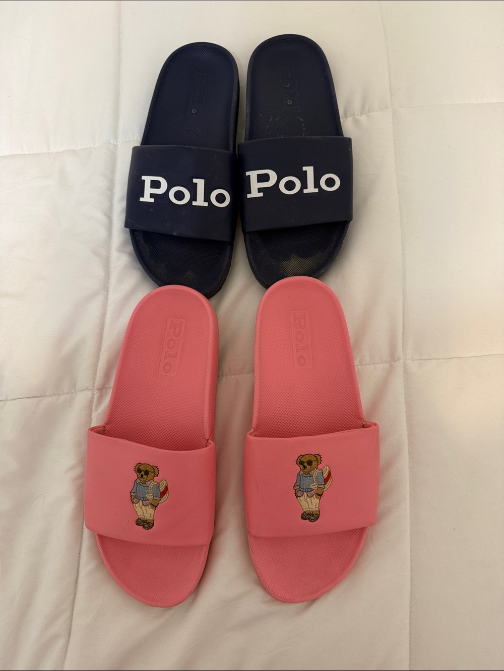 Polo by Ralph Lauren mens Slides in Navy and Pink with Bear Motif ( two pair)